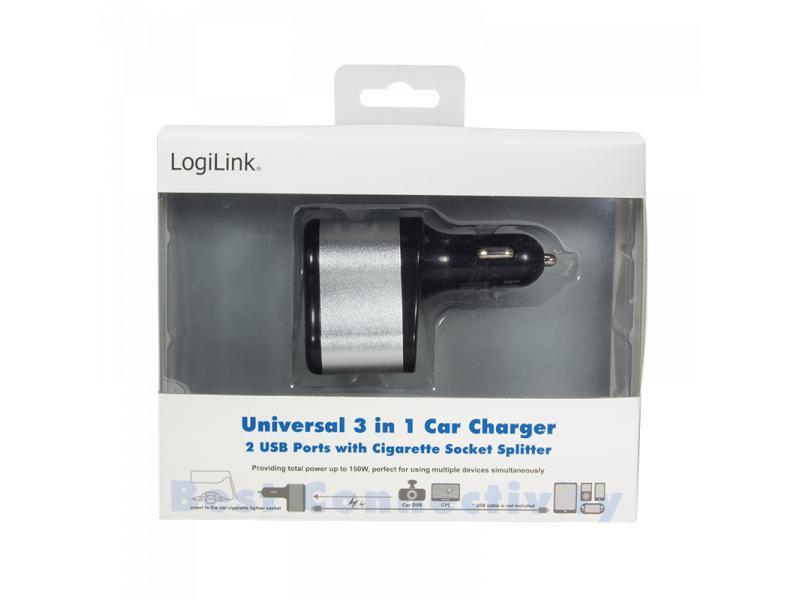 Logilink USB KFZ-Netzteil, 2x USB-Port + 1x Zigarettenanzünder, 150W  (PA0131)