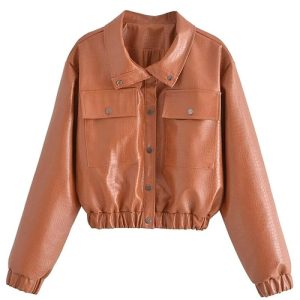 Faux Leather Jacket Coats - Brown - shoppydeals.co.uk